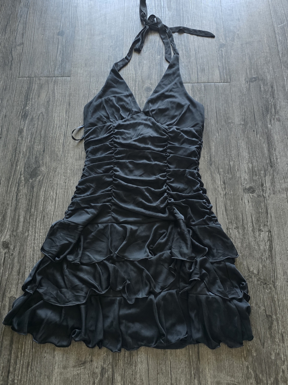 My Michelle Y2K Black Ruched Ruffle Layered Halter Mini Dress V-Neck L